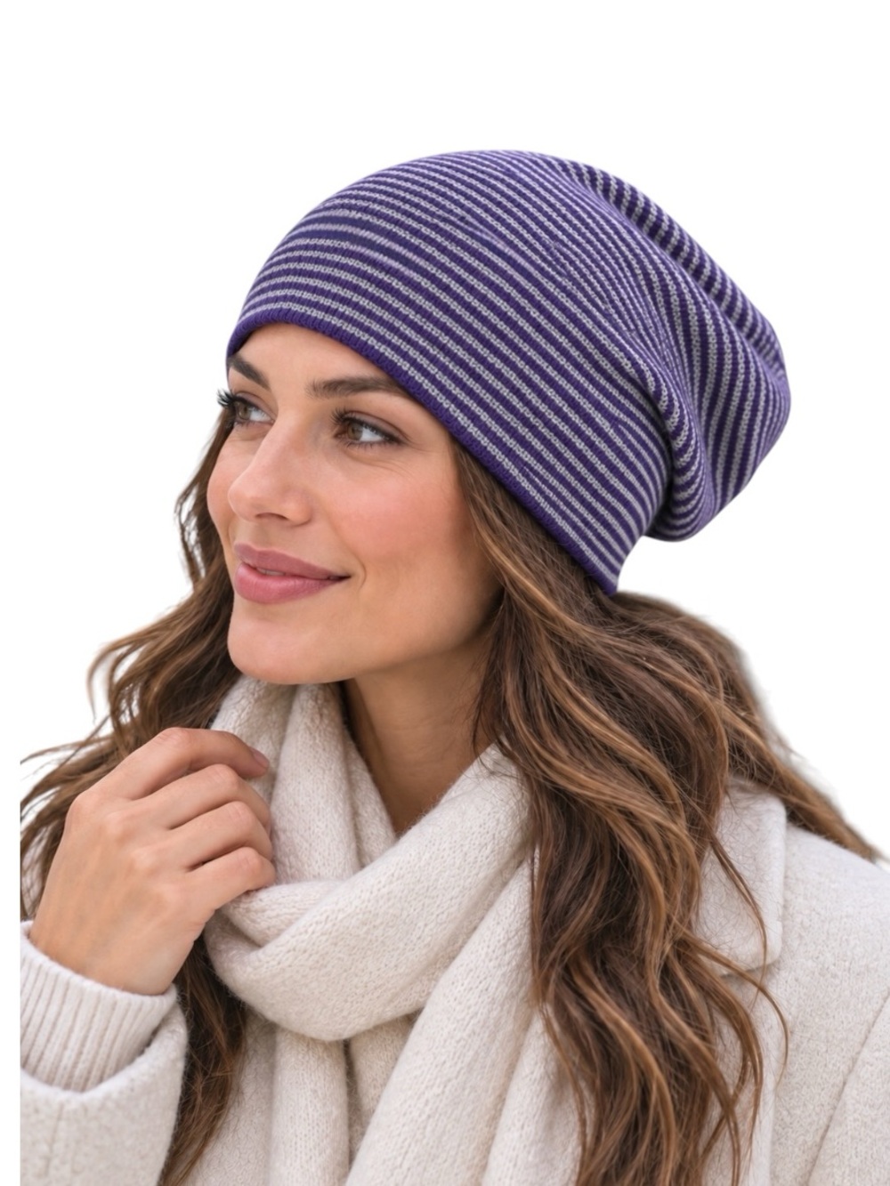 Portolano Purple Gray Striped Angora Wool Cashmere Slouch Beanie NWOT